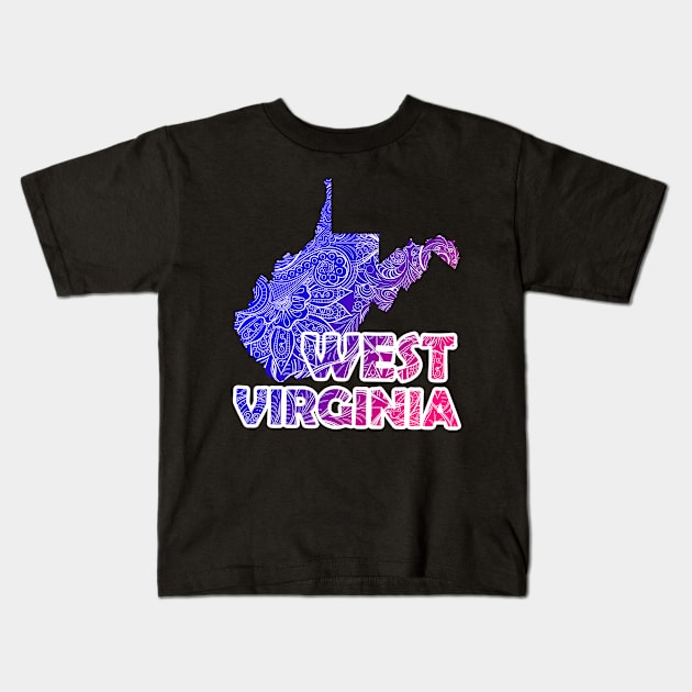 Colorful mandala art map of West Virginia with text in blue and violet Kids T-Shirt by Happy Citizen